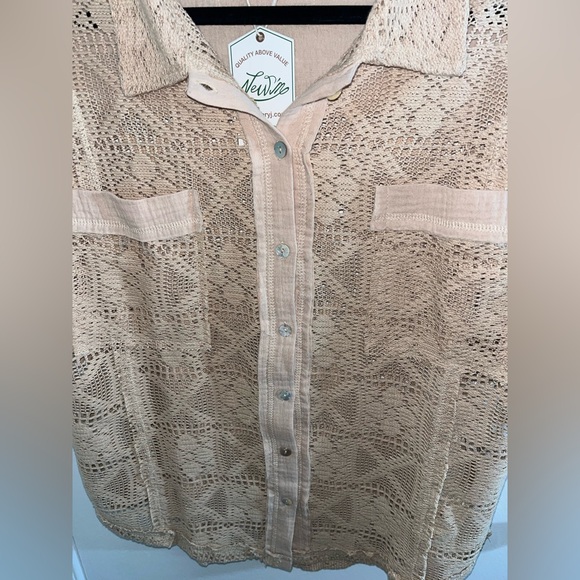 Desert Sand Open Crochet Button Up Short Sleeve Top - Picture 8 of 10